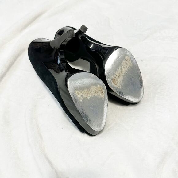 Bebe Women's Black Peep Toe Heels D’orsay suede leather size 8.5 pumps - Picture 9 of 11